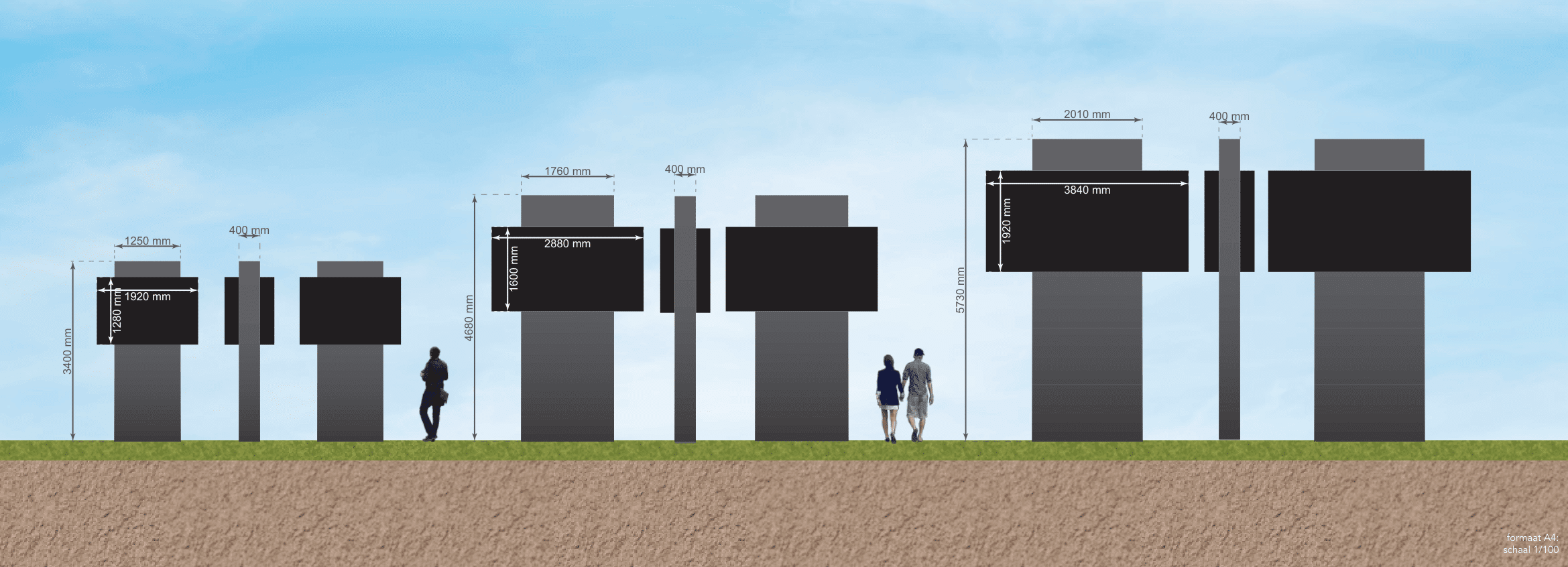 Plan à l'échelle des écrans LED au format paysage avec les dimensions disponibles
