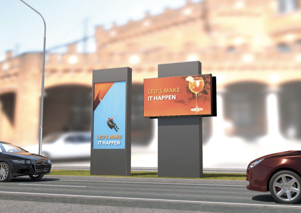 LED display de MaxLED en version portrait et paysage le long d'une route d'accès
