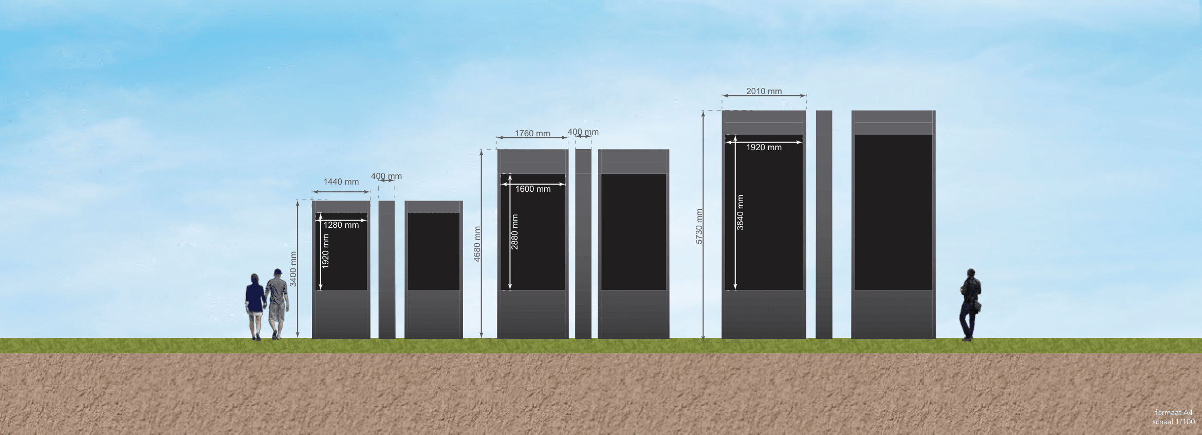 Plan à l'échelle des écrans LED au format portrait avec les dimensions disponibles